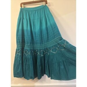 VTG First Issue Liz Claiborne Teal Tiered Maxi Skirt Large Cotton Cottagecore